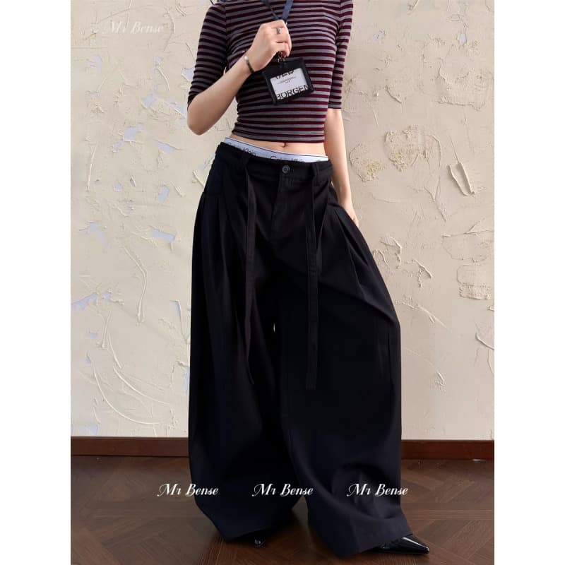 디자인 센스 허리 끈 명중 Pleat 슬랙스 여성 아메리칸 루즈핏 출퇴근 캐주얼 다용도 넓은 다리 길이 바지 이미지 2