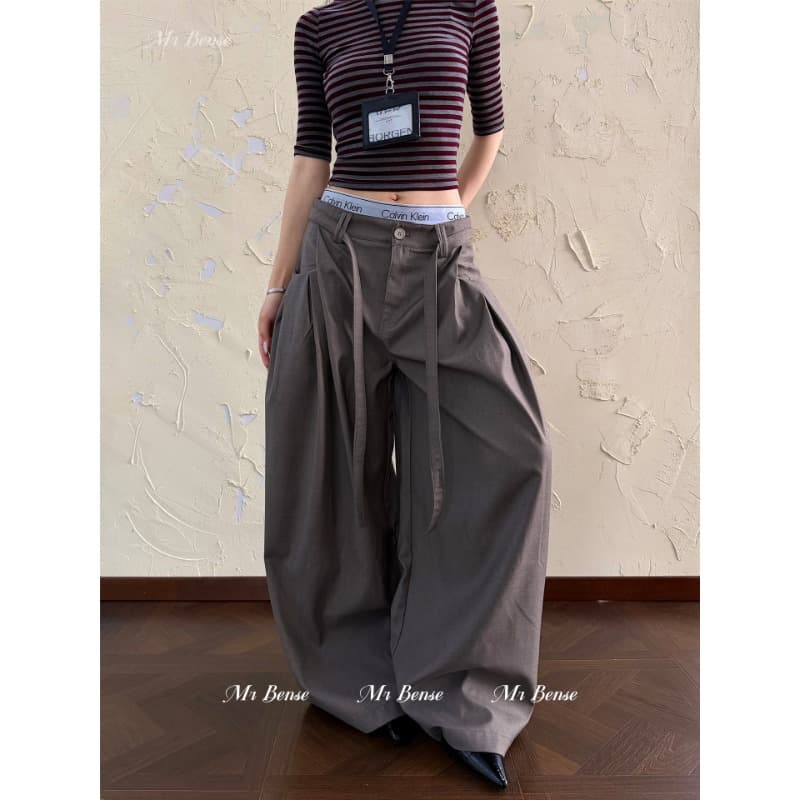 디자인 센스 허리 끈 명중 Pleat 슬랙스 여성 아메리칸 루즈핏 출퇴근 캐주얼 다용도 넓은 다리 길이 바지