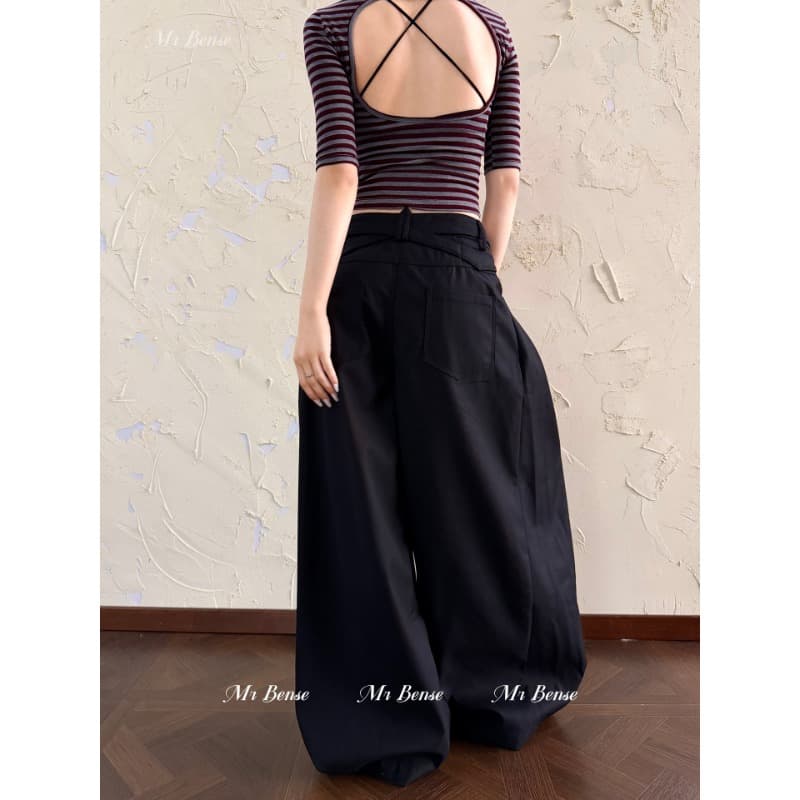 디자인 센스 허리 끈 명중 Pleat 슬랙스 여성 아메리칸 루즈핏 출퇴근 캐주얼 다용도 넓은 다리 길이 바지 이미지 3