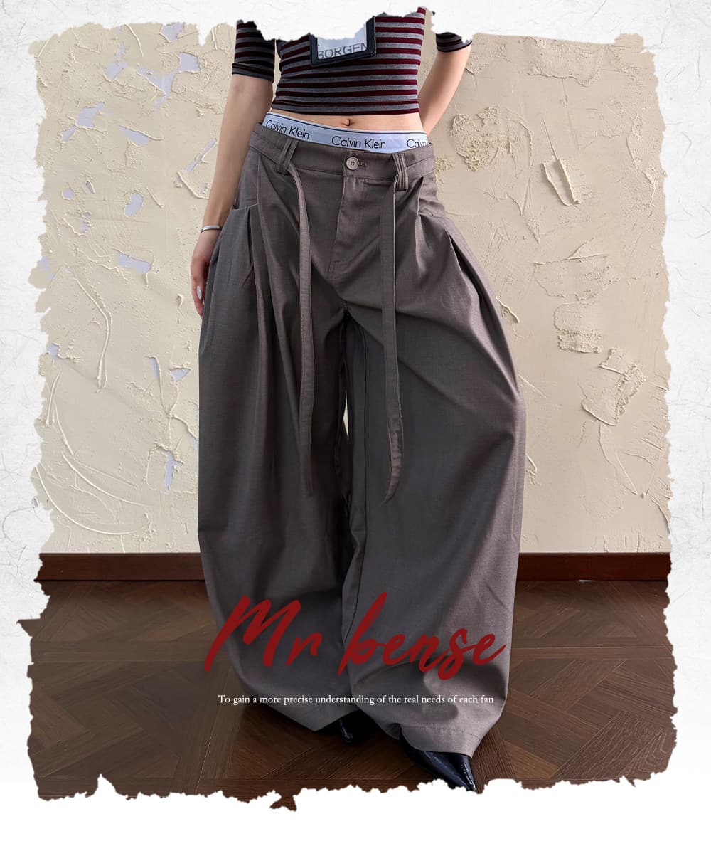 디자인 센스 허리 끈 명중 Pleat 슬랙스 여성 아메리칸 루즈핏 출퇴근 캐주얼 다용도 넓은 다리 길이 바지 상세 이미지 2