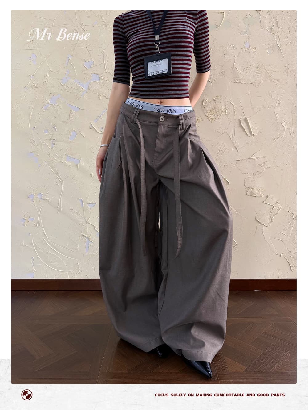 디자인 센스 허리 끈 명중 Pleat 슬랙스 여성 아메리칸 루즈핏 출퇴근 캐주얼 다용도 넓은 다리 길이 바지 상세 이미지 5