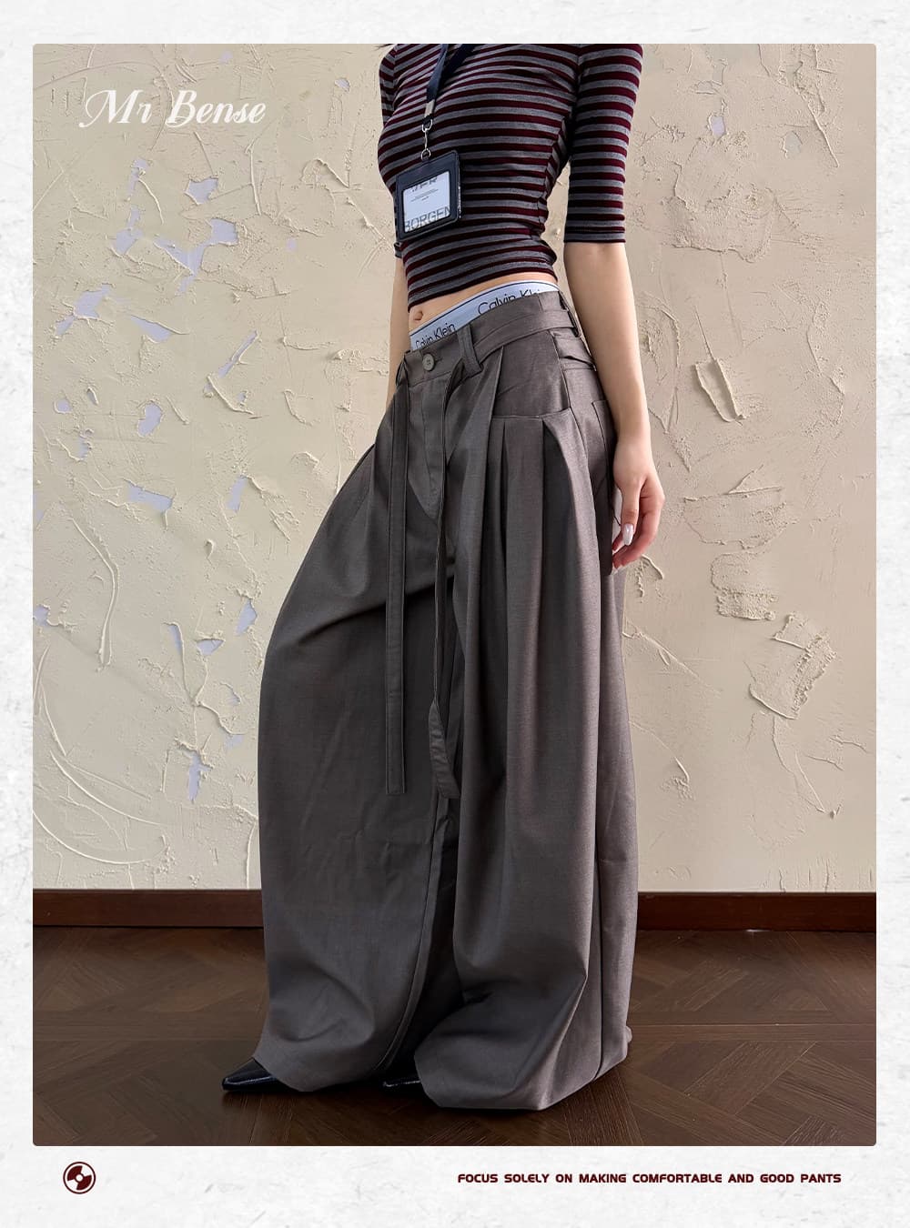 디자인 센스 허리 끈 명중 Pleat 슬랙스 여성 아메리칸 루즈핏 출퇴근 캐주얼 다용도 넓은 다리 길이 바지 상세 이미지 7
