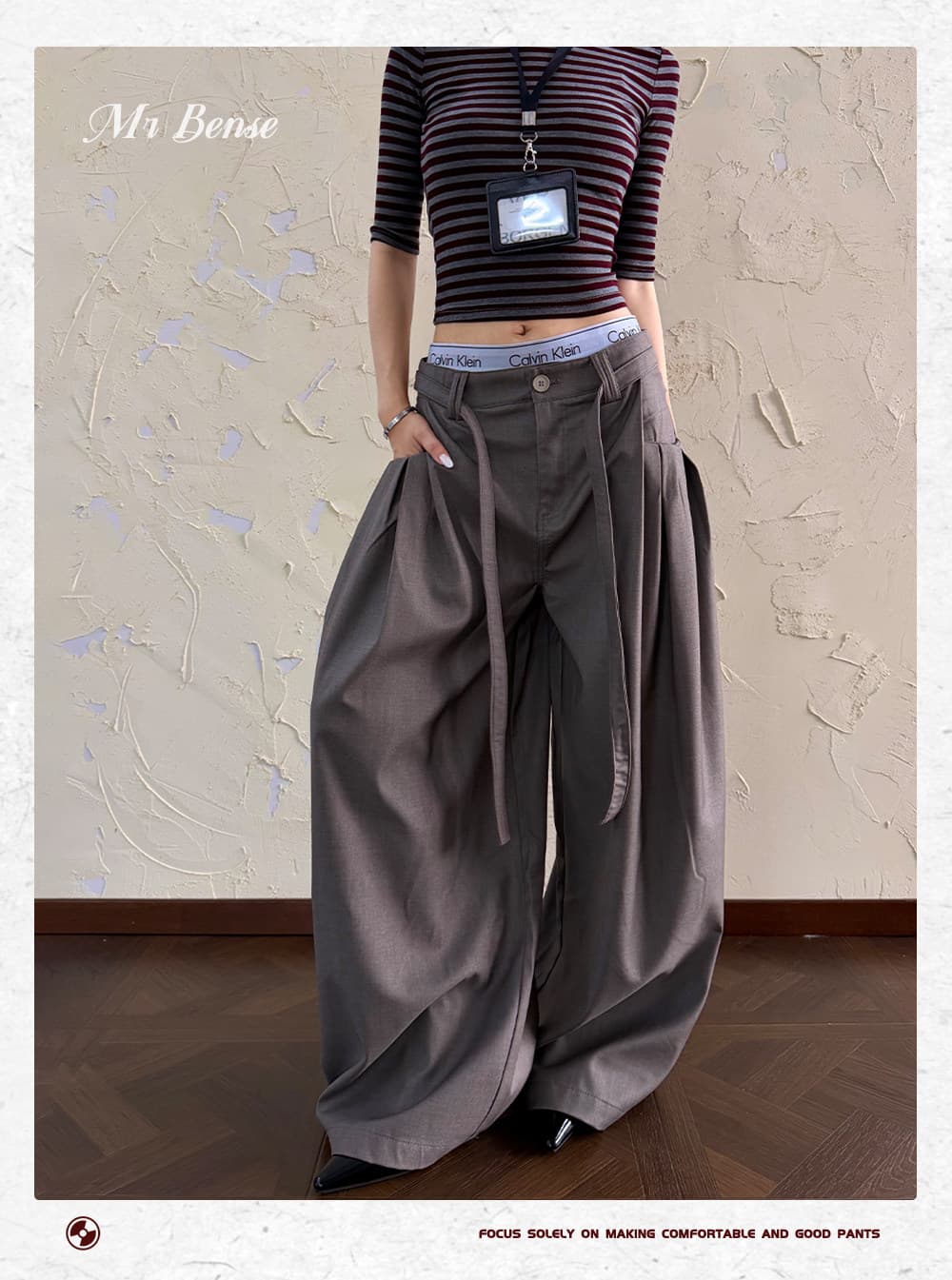디자인 센스 허리 끈 명중 Pleat 슬랙스 여성 아메리칸 루즈핏 출퇴근 캐주얼 다용도 넓은 다리 길이 바지 상세 이미지 8