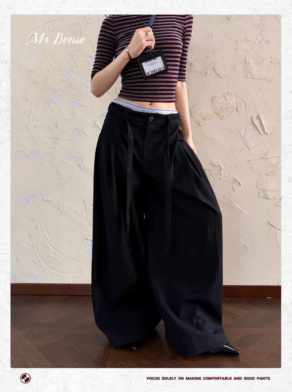 디자인 센스 허리 끈 명중 Pleat 슬랙스 여성 아메리칸 루즈핏 출퇴근 캐주얼 다용도 넓은 다리 길이 바지 상세 이미지 10