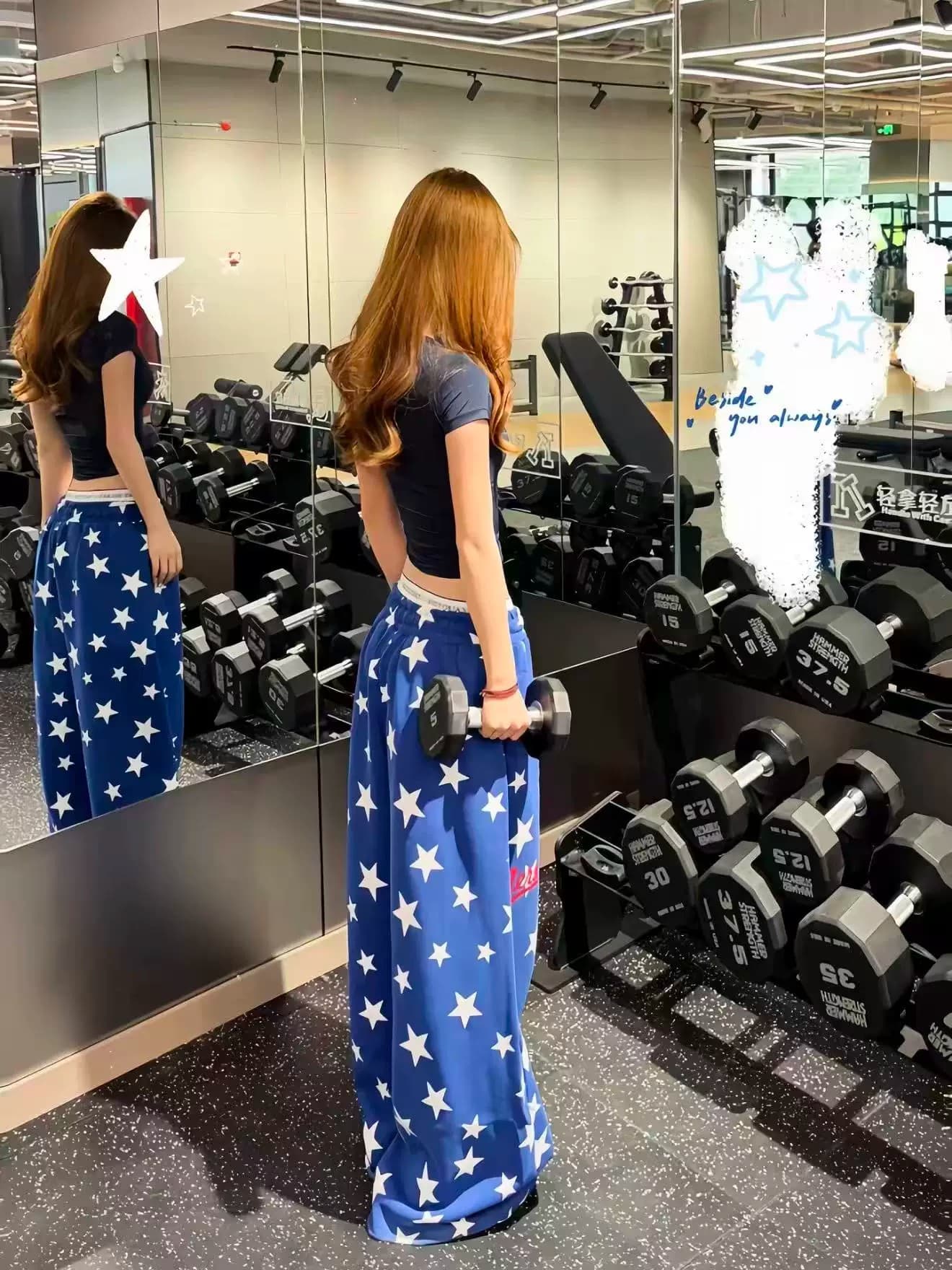 아메리칸 캐주얼 별 전체 인쇄 루즈핏 넓은 다리 웨이 바지 여성 사계절 출퇴근 hiphop 캐주얼 바지 다용도 긴 바지 상세 이미지 3