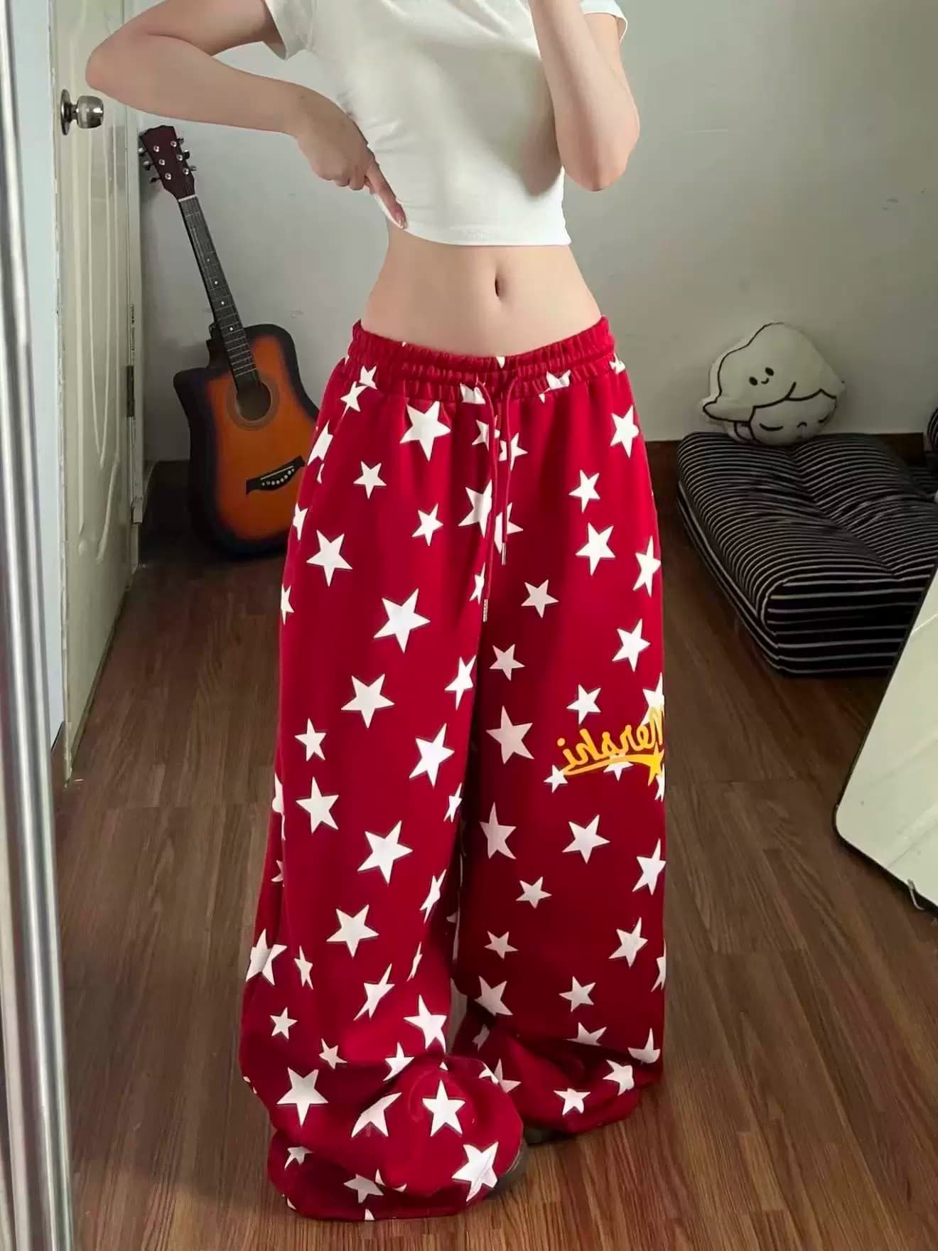 아메리칸 캐주얼 별 전체 인쇄 루즈핏 넓은 다리 웨이 바지 여성 사계절 출퇴근 hiphop 캐주얼 바지 다용도 긴 바지 상세 이미지 6