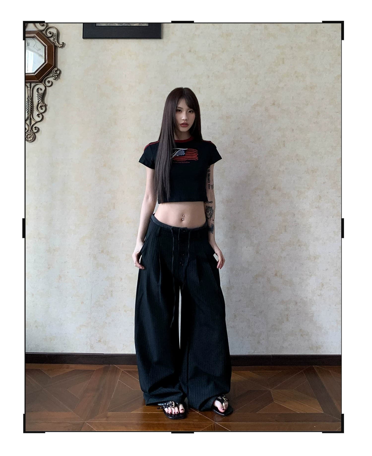 회색 더블 허리 머리 단추 세로 줄무늬 슬랙스 도루 가을 센스 고급 센스 아메리칸 레트로 캐주얼 바지 바닥 청소 와이드 레그 팬츠 상세 이미지 17