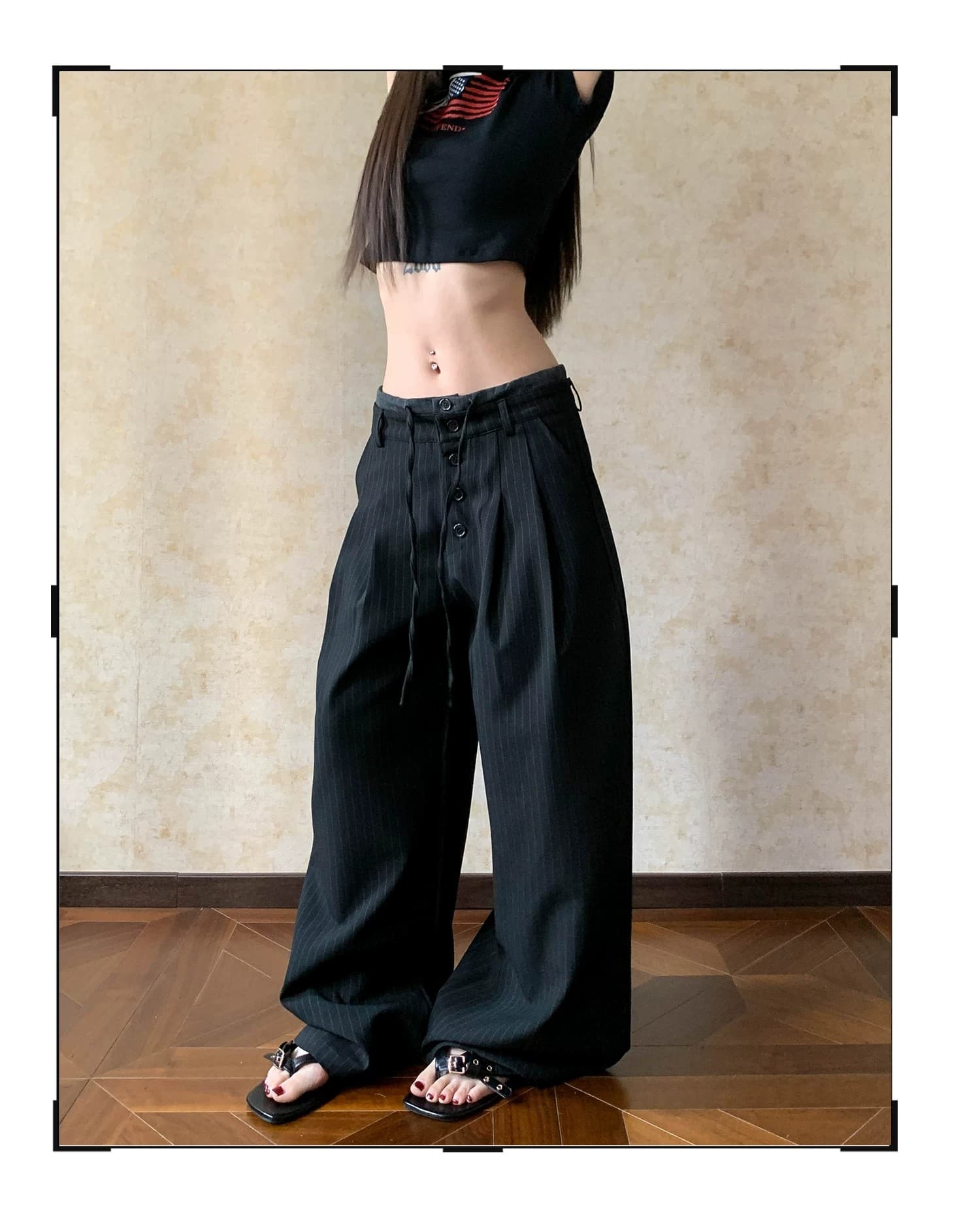 회색 더블 허리 머리 단추 세로 줄무늬 슬랙스 도루 가을 센스 고급 센스 아메리칸 레트로 캐주얼 바지 바닥 청소 와이드 레그 팬츠 상세 이미지 20