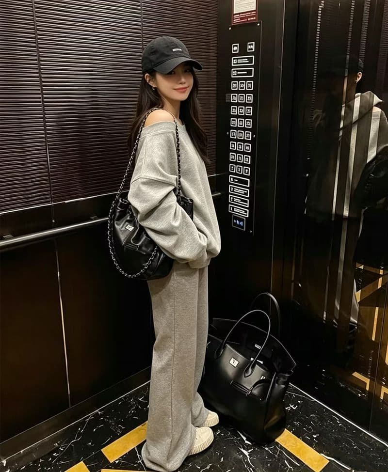모방 면 사선 무늬 당겨 프레임 250그램 봄 가을 캐주얼 비스듬한 칼라 오프숄더 긴팔 후드티 긴 바지 투피스 슈트 여성 이미지 4