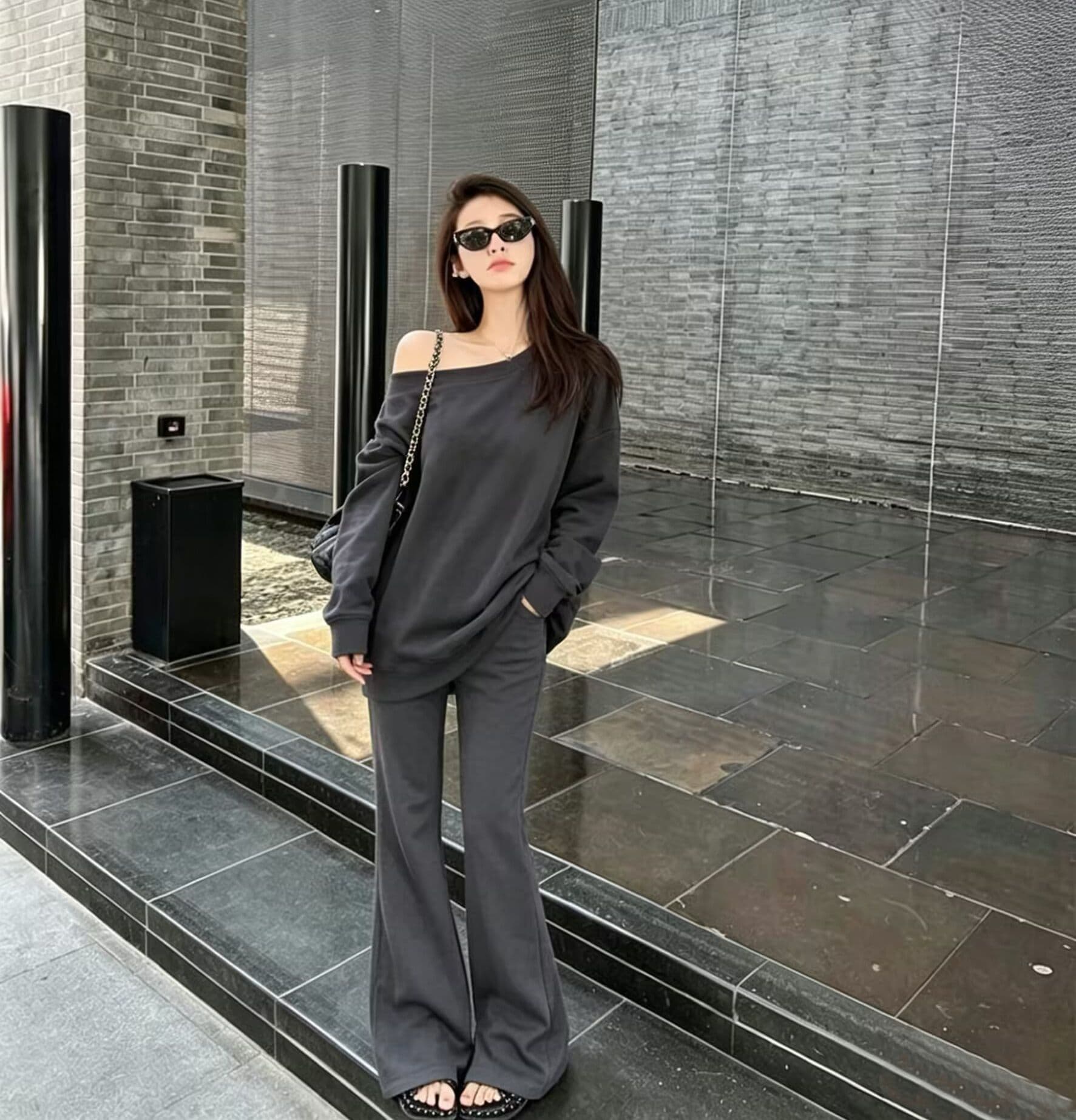 모방 면 사선 무늬 당겨 프레임 250그램 봄 가을 캐주얼 비스듬한 칼라 오프숄더 긴팔 후드티 긴 바지 투피스 슈트 여성 상세 이미지 9
