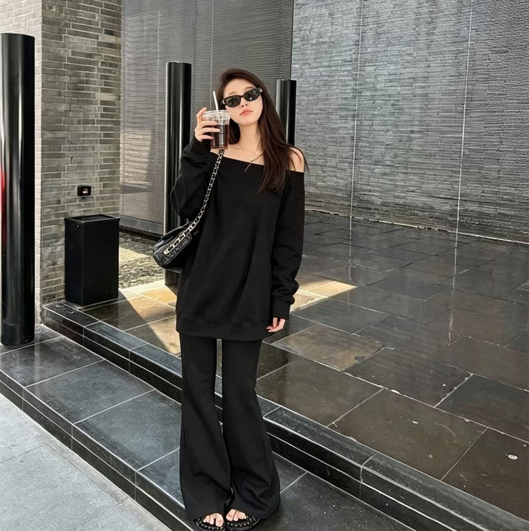 모방 면 사선 무늬 당겨 프레임 250그램 봄 가을 캐주얼 비스듬한 칼라 오프숄더 긴팔 후드티 긴 바지 투피스 슈트 여성 상세 이미지 11