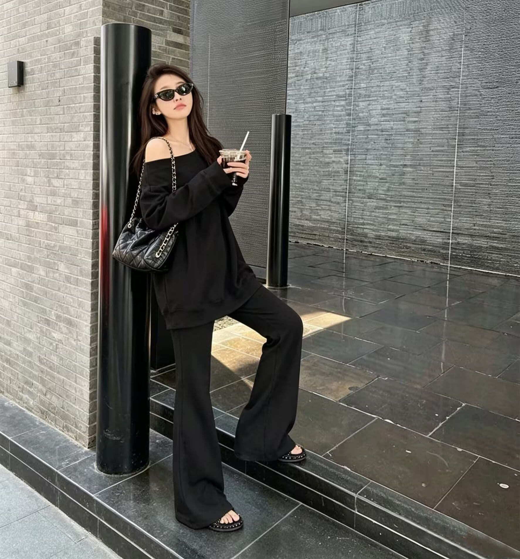 모방 면 사선 무늬 당겨 프레임 250그램 봄 가을 캐주얼 비스듬한 칼라 오프숄더 긴팔 후드티 긴 바지 투피스 슈트 여성 상세 이미지 12