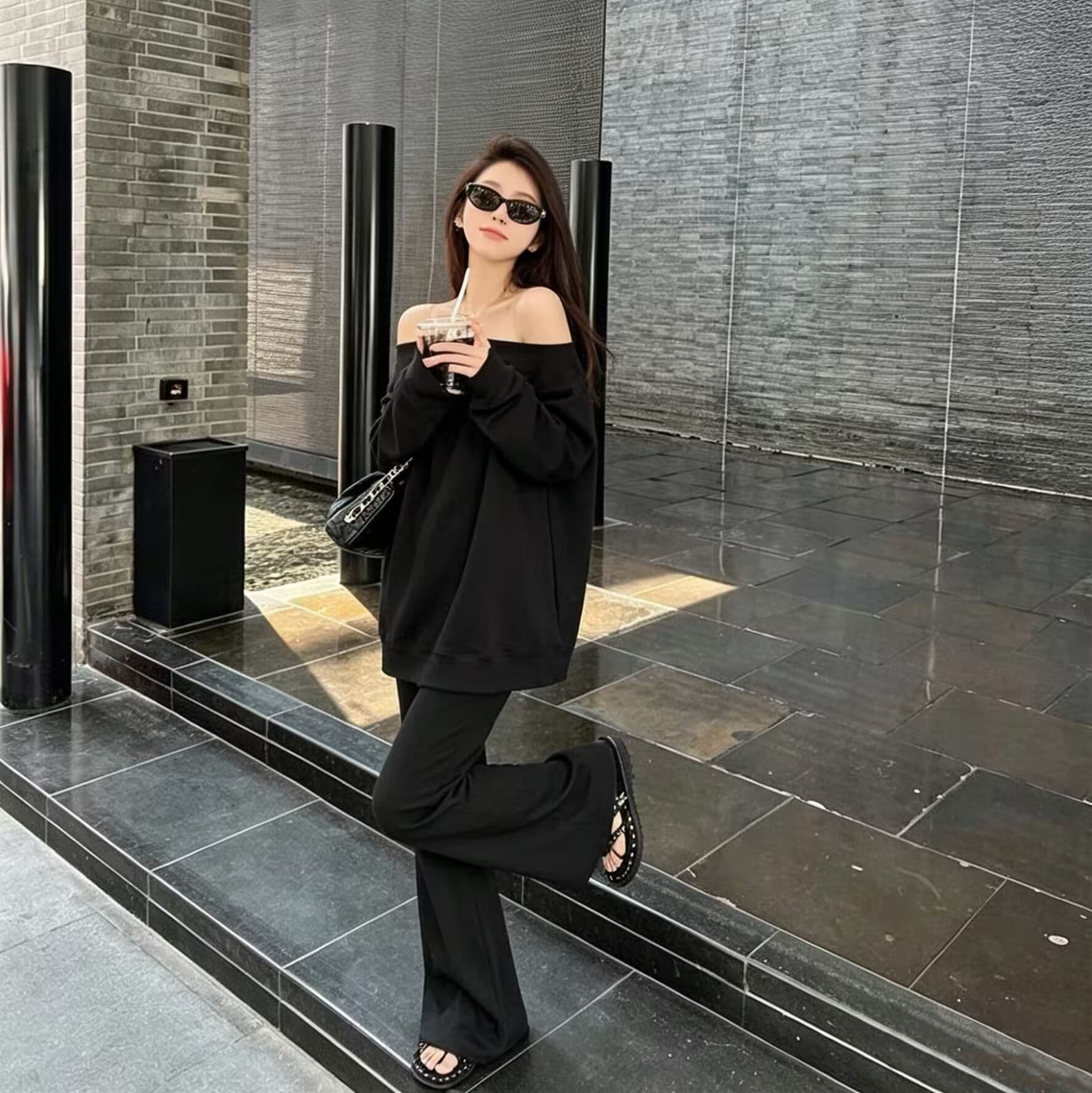 모방 면 사선 무늬 당겨 프레임 250그램 봄 가을 캐주얼 비스듬한 칼라 오프숄더 긴팔 후드티 긴 바지 투피스 슈트 여성 상세 이미지 13