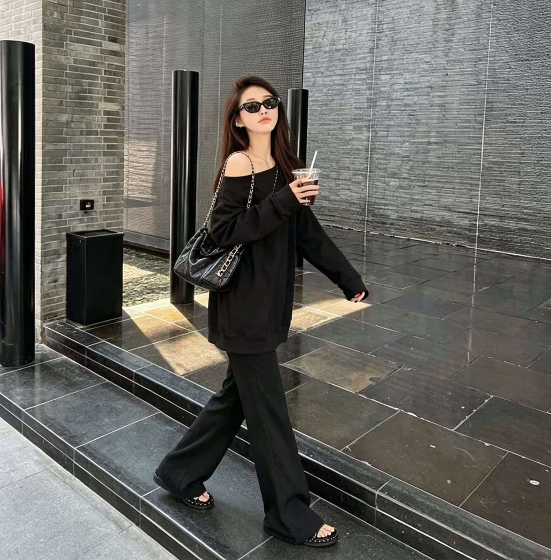 모방 면 사선 무늬 당겨 프레임 250그램 봄 가을 캐주얼 비스듬한 칼라 오프숄더 긴팔 후드티 긴 바지 투피스 슈트 여성 상세 이미지 14