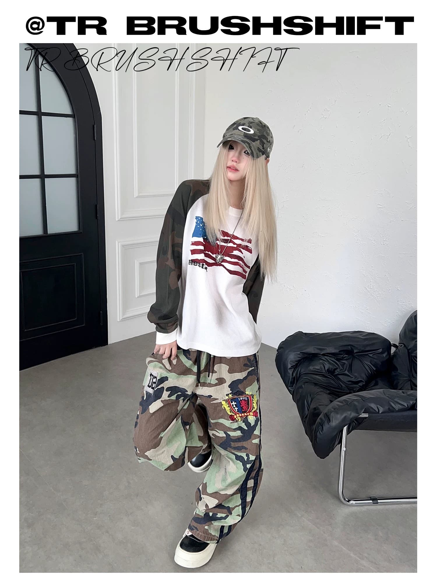 아메리칸 밴딩 더블 허리 머리 디자인 센스 휘장 자수 카모플라주 워크웨어 팬츠 남녀 디자인 센스 캐주얼 스트레이트 긴 바지 상세 이미지 3