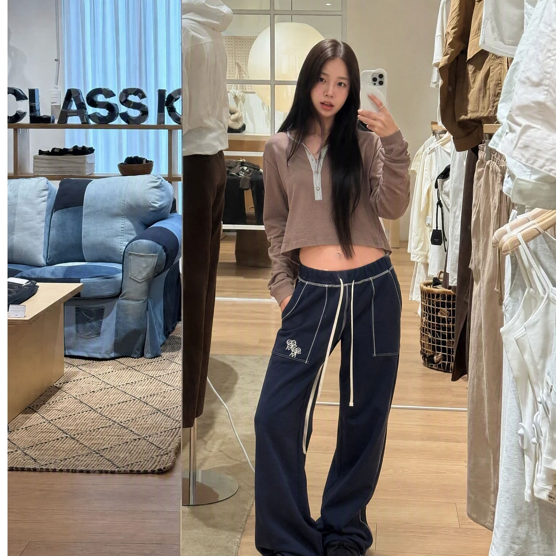 둘 색상 가을 새로운 경기 사람들 자수 루즈핏 펌프 로프 캐주얼 웨이 바지 작은 대중 패션 측면 바느질 부츠컷 긴 바지 이미지 2