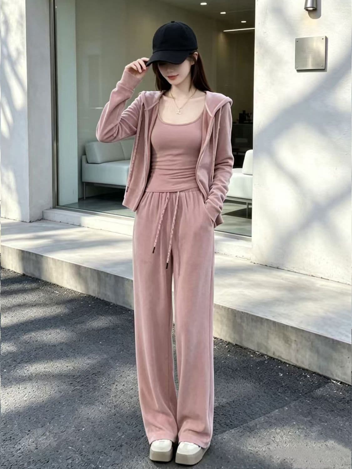 자이언트 잘 생긴 ~ 중 이른 가을 전체 집합 소금 부서 빛 요리 한 슈퍼 화재 재킷 슬립 와이드 레그 팬츠 세 조각 여성 세트 상세 이미지 3