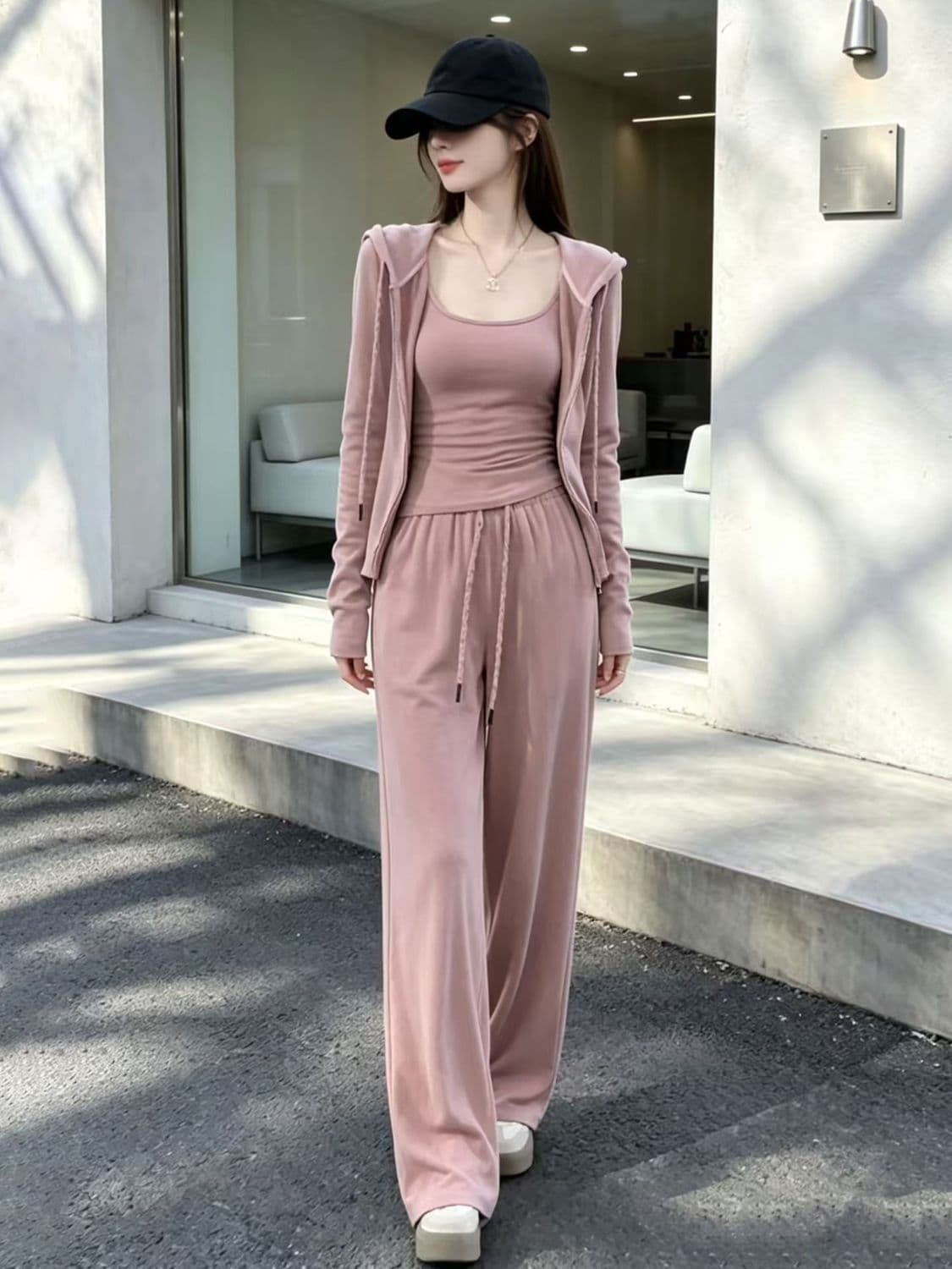 자이언트 잘 생긴 ~ 중 이른 가을 전체 집합 소금 부서 빛 요리 한 슈퍼 화재 재킷 슬립 와이드 레그 팬츠 세 조각 여성 세트 상세 이미지 7