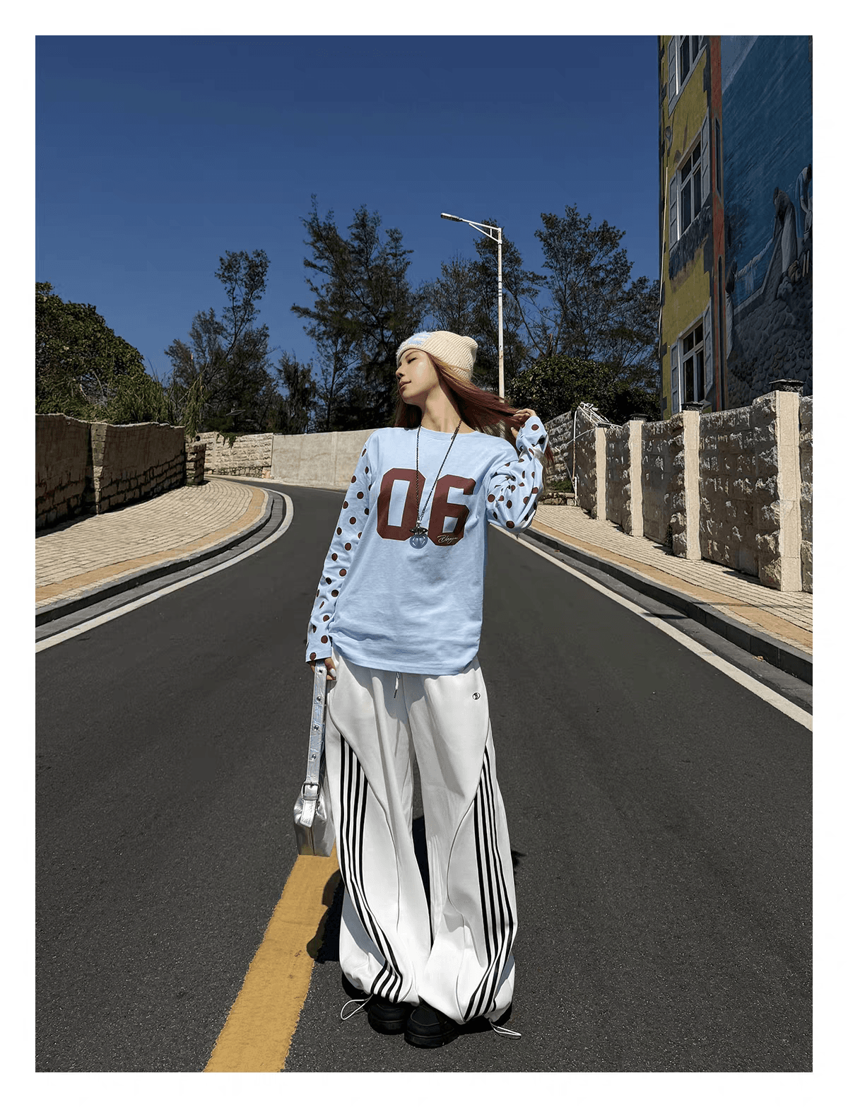 아메리칸 레트로 패치워크 반사 스트라이프 와이드 레깅스 바지 루즈핏 스트라이프 운동 바지 도루 센스 웨이 바지 캐주얼 긴 바지 상세 이미지 2