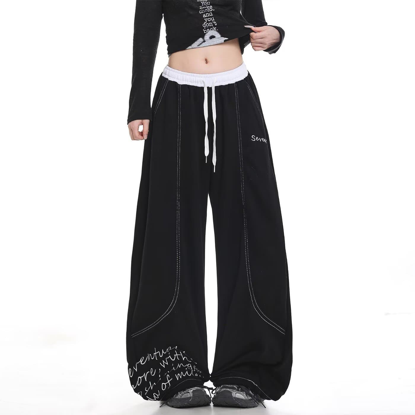 모통이 칼 캐주얼 바지 여성 2026 봄 가을 새로운 프린트 패치워크 하이웨이스트 넓은 다리 스트레이트 바지 상세 이미지 3
