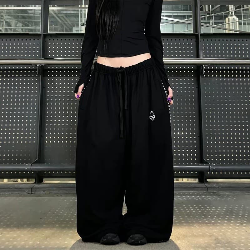 디자인 센스 징 운동 바람 와이드 레깅스 바지 루즈핏 느긋한 느슨함 센스 캐주얼 바지 펌프 로프 웃음 하 핫걸 긴 바지 상세 이미지 1