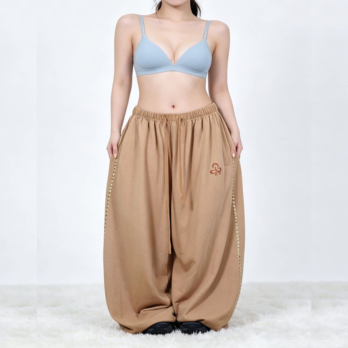 디자인 센스 징 운동 바람 와이드 레깅스 바지 루즈핏 느긋한 느슨함 센스 캐주얼 바지 펌프 로프 웃음 하 핫걸 긴 바지 상세 이미지 8
