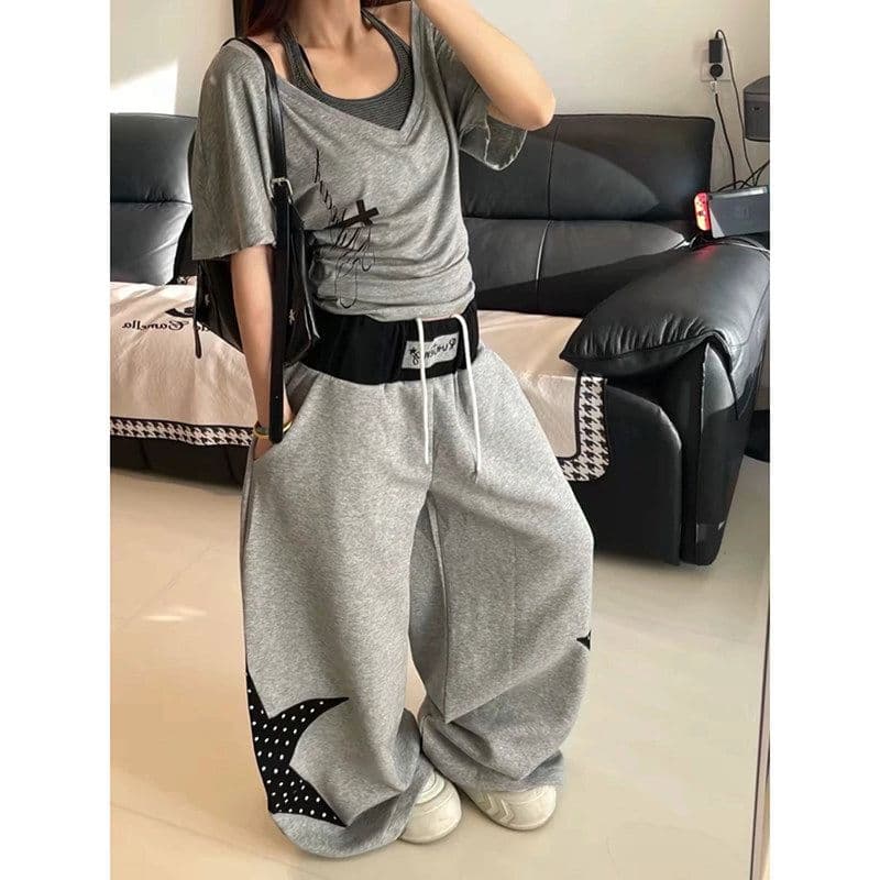 아메리칸 배색 패치워크 캐주얼 패치 모통이 칼 웨이 바지 여성 별 운동 바지 도트 무늬 루즈핏 재즈 댄스 와이드 레그 팬츠 이미지 3