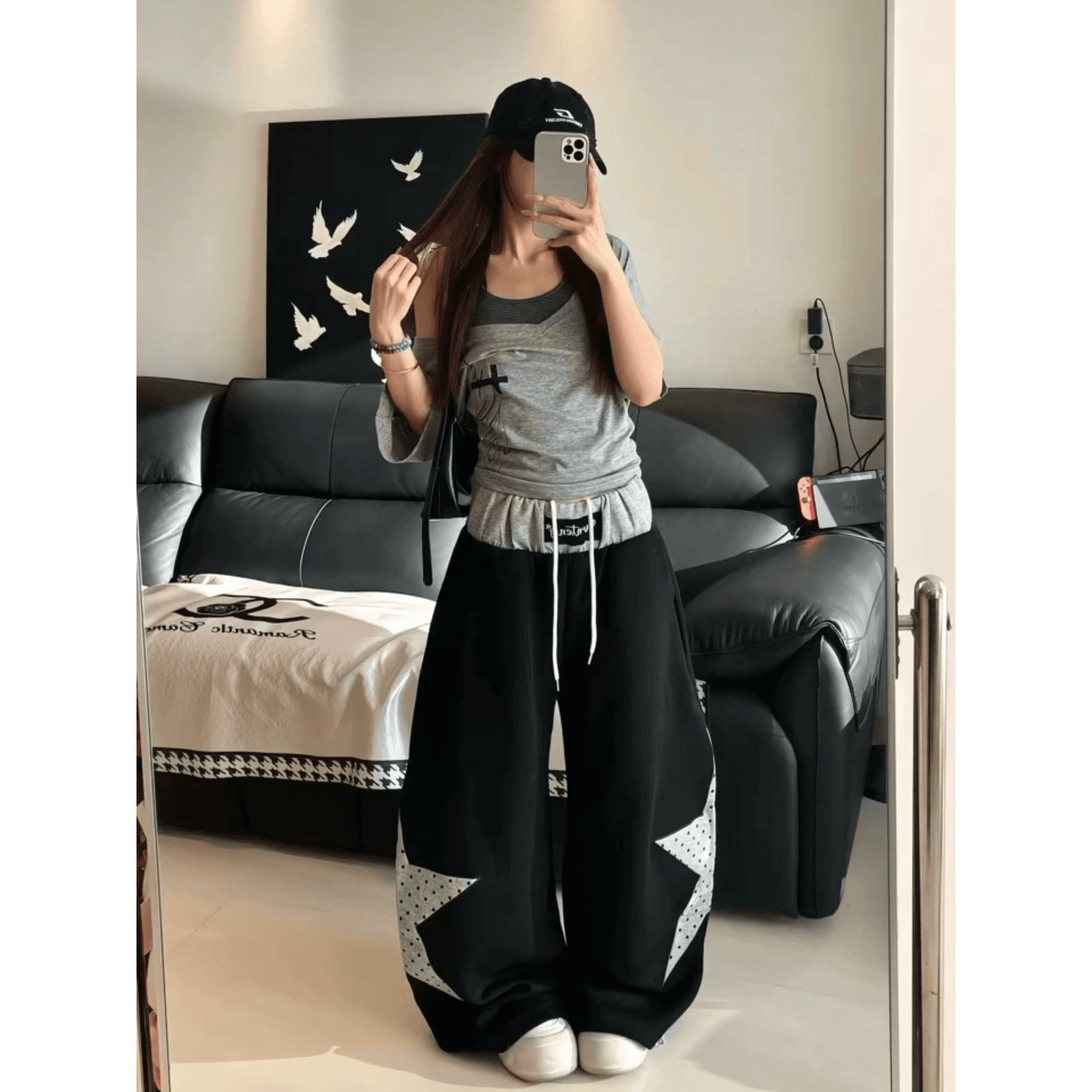아메리칸 배색 패치워크 캐주얼 패치 모통이 칼 웨이 바지 여성 별 운동 바지 도트 무늬 루즈핏 재즈 댄스 와이드 레그 팬츠 이미지 5