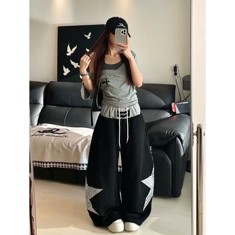 아메리칸 배색 패치워크 캐주얼 패치 모통이 칼 웨이 바지 여성 별 운동 바지 도트 무늬 루즈핏 재즈 댄스 와이드 레그 팬츠 상세 이미지 5