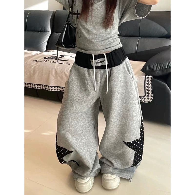 아메리칸 배색 패치워크 캐주얼 패치 모통이 칼 웨이 바지 여성 별 운동 바지 도트 무늬 루즈핏 재즈 댄스 와이드 레그 팬츠 상세 이미지 6