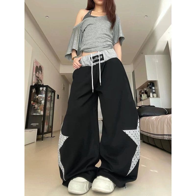 아메리칸 배색 패치워크 캐주얼 패치 모통이 칼 웨이 바지 여성 별 운동 바지 도트 무늬 루즈핏 재즈 댄스 와이드 레그 팬츠 상세 이미지 7