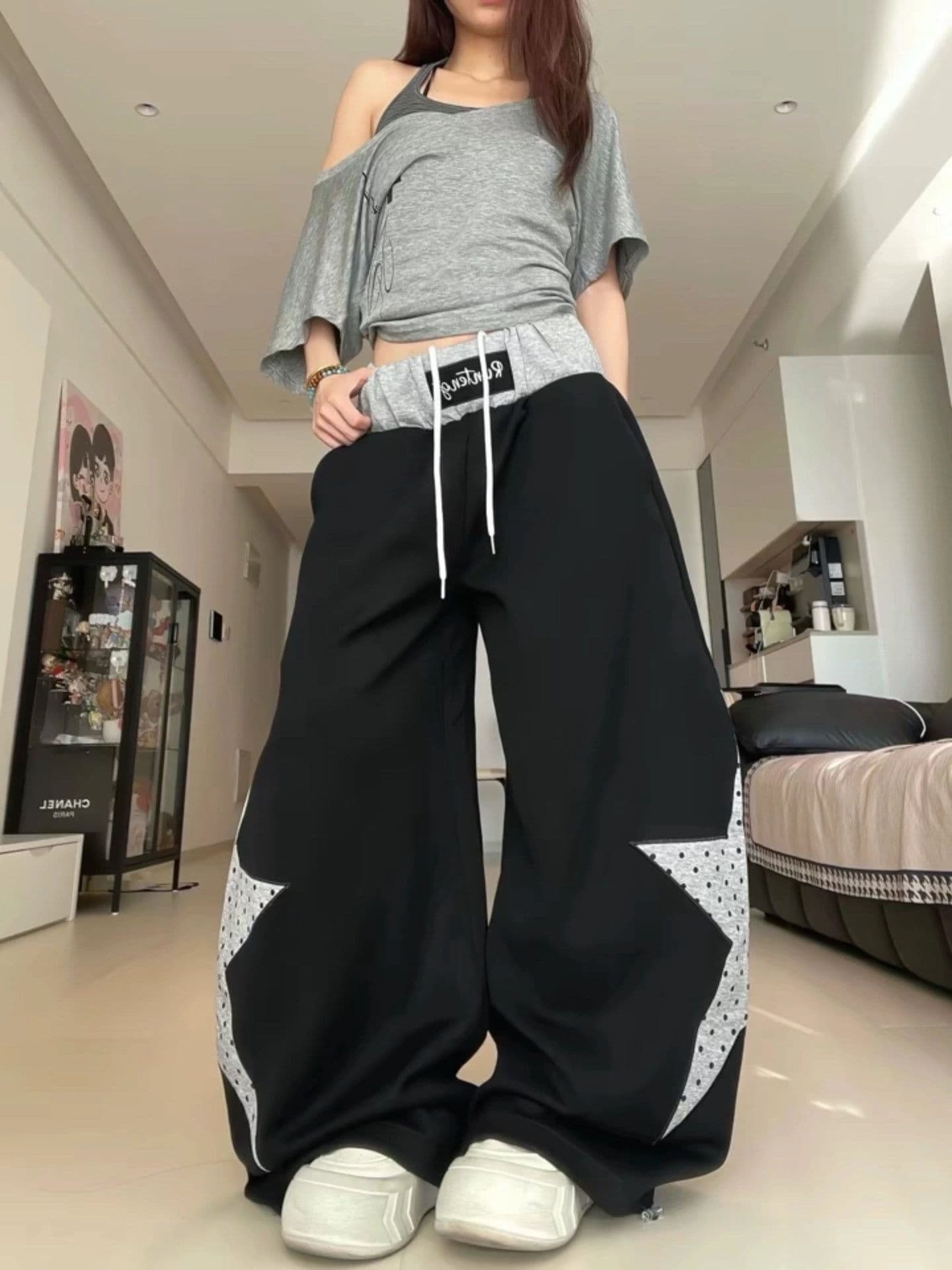 아메리칸 배색 패치워크 캐주얼 패치 모통이 칼 웨이 바지 여성 별 운동 바지 도트 무늬 루즈핏 재즈 댄스 와이드 레그 팬츠 상세 이미지 8