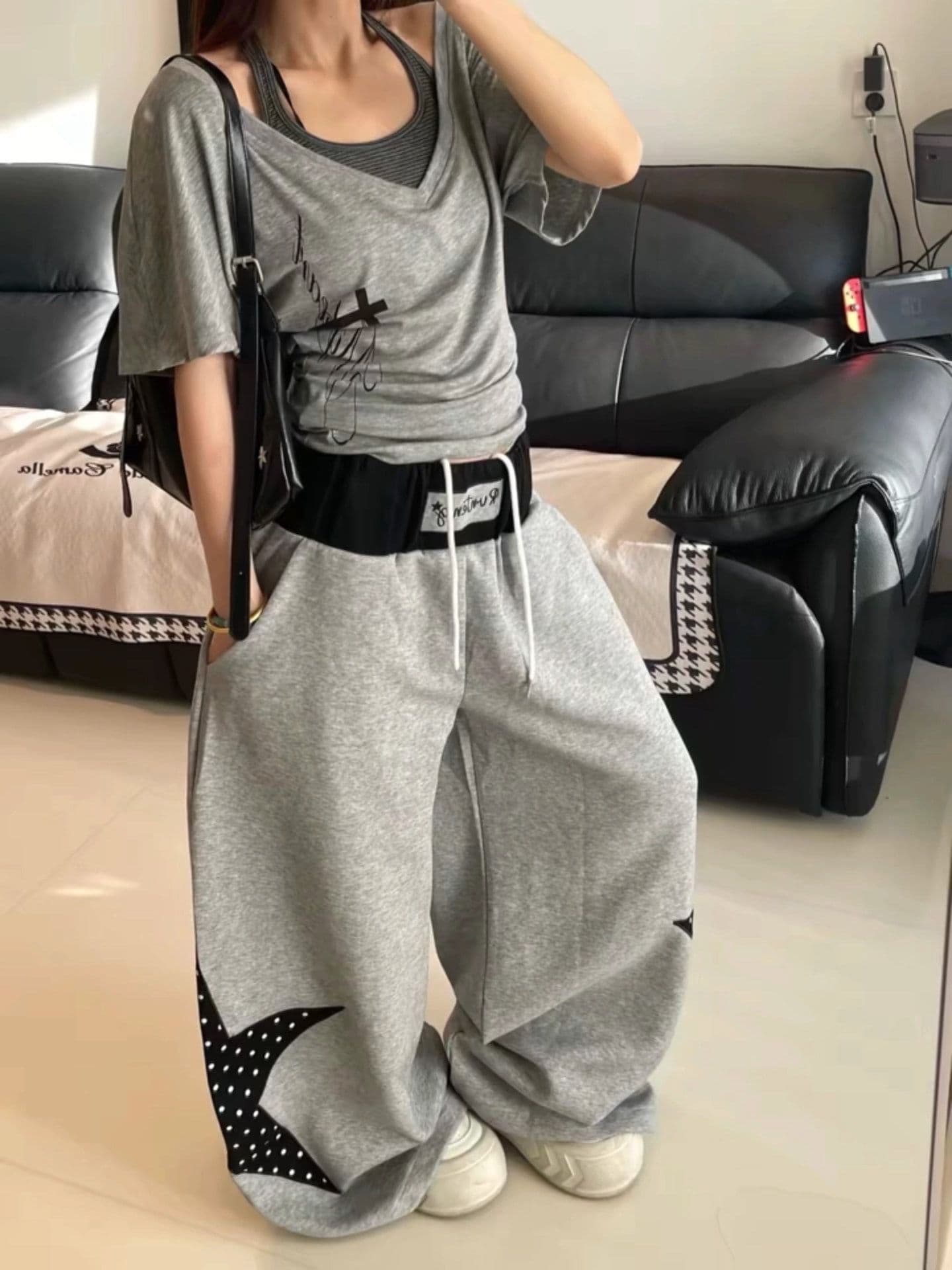 아메리칸 배색 패치워크 캐주얼 패치 모통이 칼 웨이 바지 여성 별 운동 바지 도트 무늬 루즈핏 재즈 댄스 와이드 레그 팬츠 상세 이미지 10