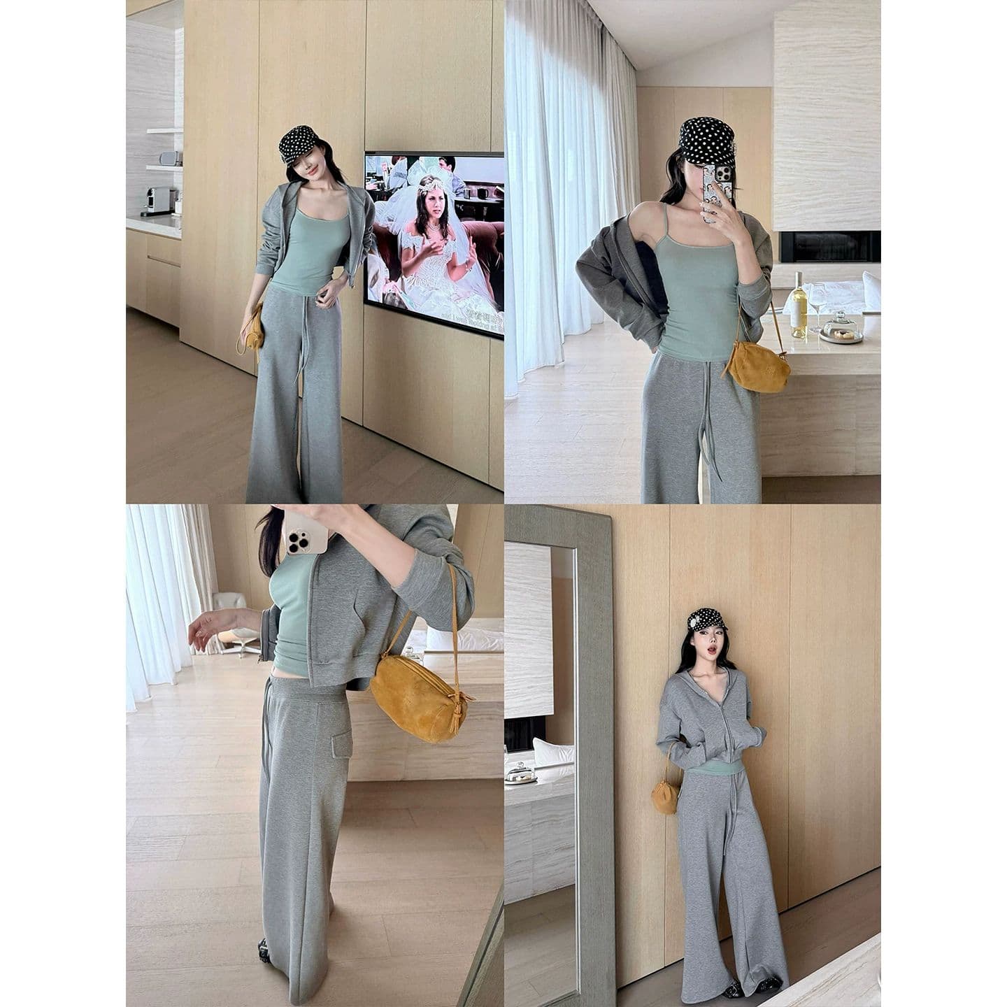 쇼트 스타일 긴팔 후드 티 스웨터 재킷 인사이드 가져 가라. 캐미솔 여성 의류 가을 캐주얼 바지 긴 바지 느긋한 3종 세트 이미지 4