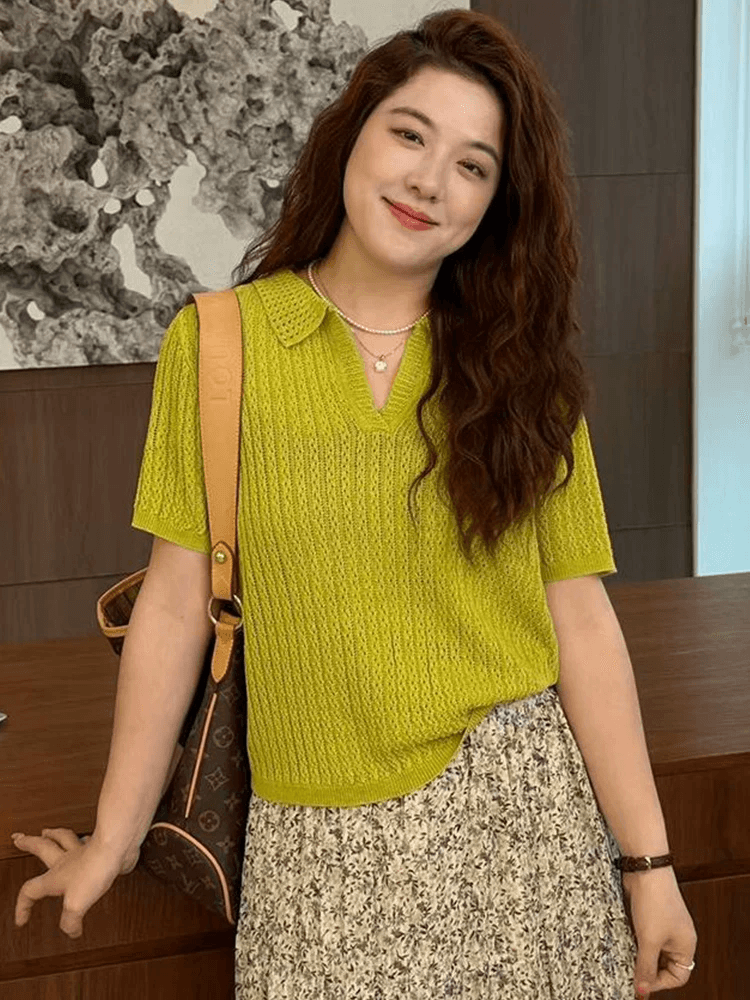 2026 여름 새로운 홀로우 아웃 POLO 칼라 반팔 니트 스웨터 여성 디자인 센스 세련된 외국 가스 슈퍼 잘 생긴 맨위 서비스