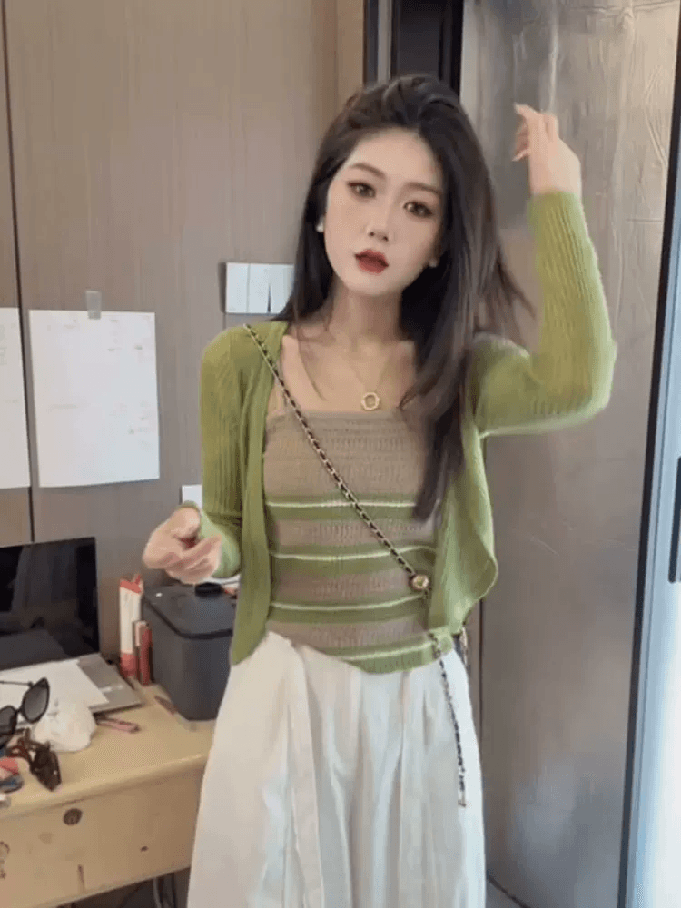 스트라이프 조끼 자외선 차단 니트 오픈 가디건 투피스 세트 품격 세트 이미지 3