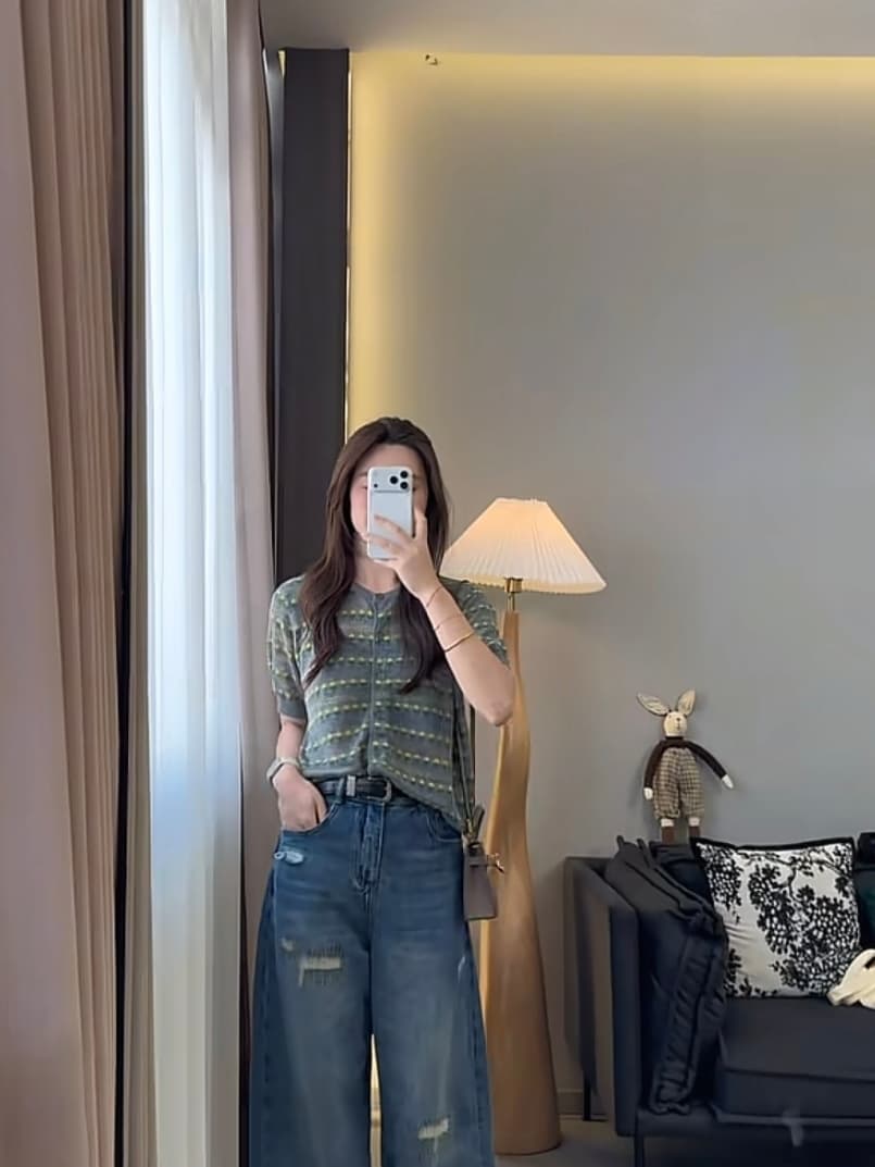 작은 꽃 오픈 가디건 니트 스웨터 여름 스트라이프 다용도 이미지 3