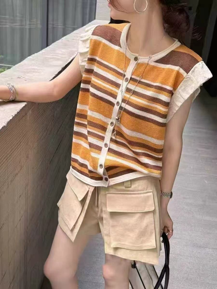 패션 캐주얼 스트라이프 Feifei 소매 라운드 넥 루즈핏 종류 맨위 2026 년 여름 니트 오픈 가디건 여성 이미지 2