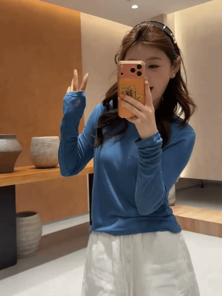 한 부서 디자인 센스 라운드 넥 자외선 차단 긴팔 티셔츠 여성 블라우스 맨위
