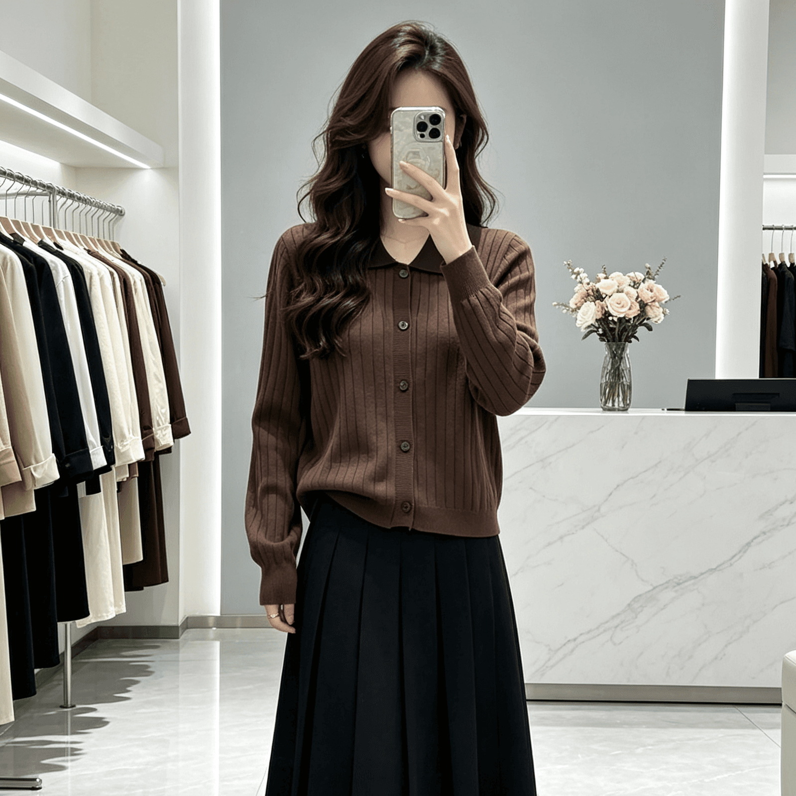 브라운 POLO 칼라 구덩이 기사 니트 오픈 가디건 스웨터 맨위 여성 상세 이미지 1