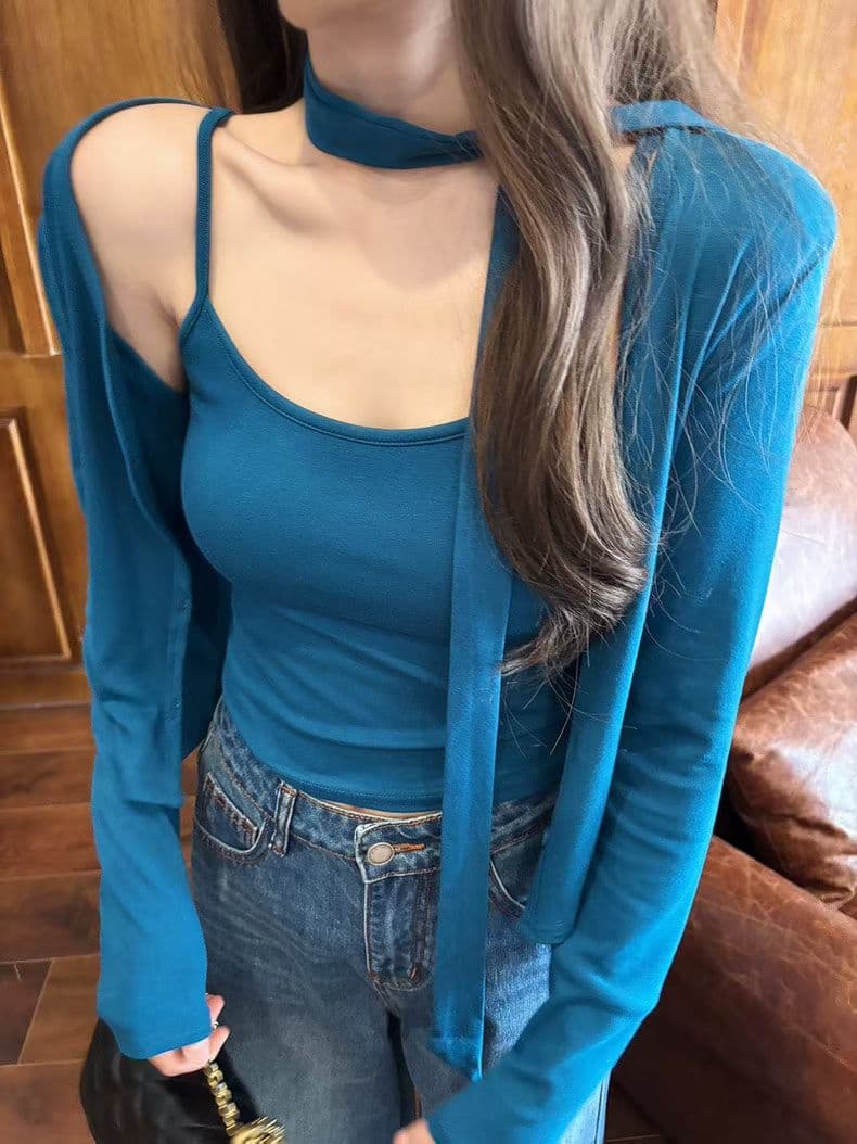 한 부서 리본 티셔츠 인사이드 가져 가라. 슬립 여성 가을 몸매 가꾸기 슬림해 보이는 여성 세트 상세 이미지 4