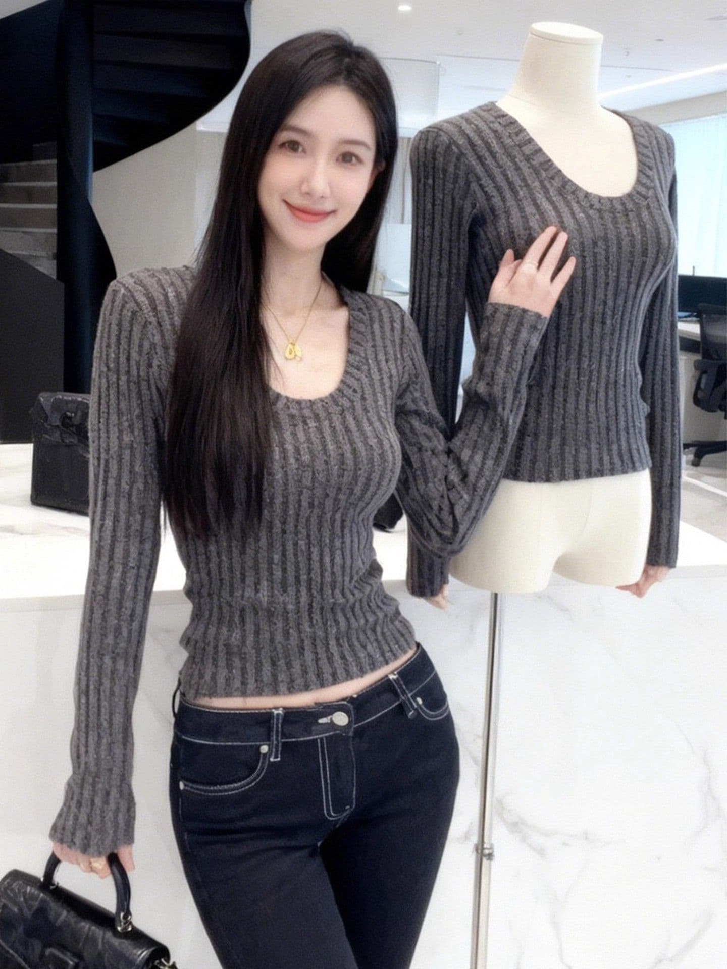 순수한 욕망 핫걸 바람 섹시함 u 칼라 구덩이 기사 긴팔 여성 몸매 가꾸기 슬림해 보이는 쇼트 스타일 기본 셔츠 맨위