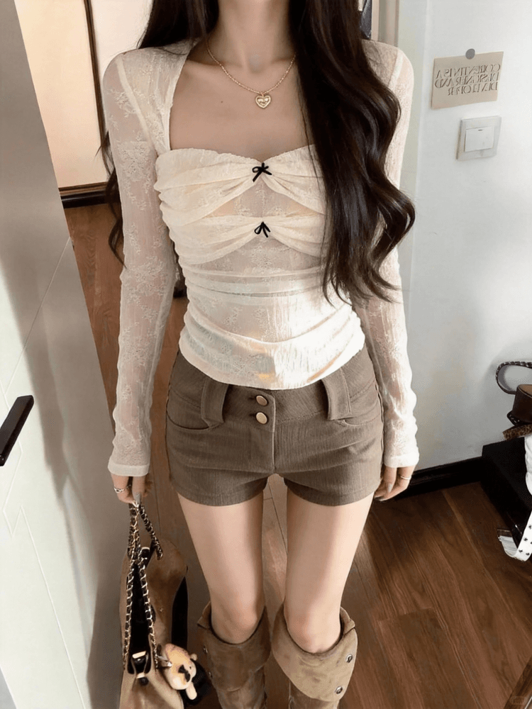 망사 원단 나비 매듭 긴팔 티셔츠 몸매 가꾸기 허리 수축 광장 칼라 맨위 이미지 3