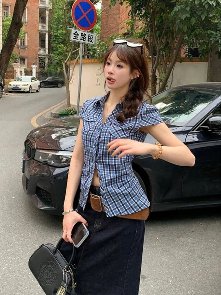 원본 체크무늬 원단 높은 품질 디자인 센스 블루 여름 레트로 주름 허리 수축 셔츠 작은 대중 꼬집기 허리 위로 의류 이미지 3