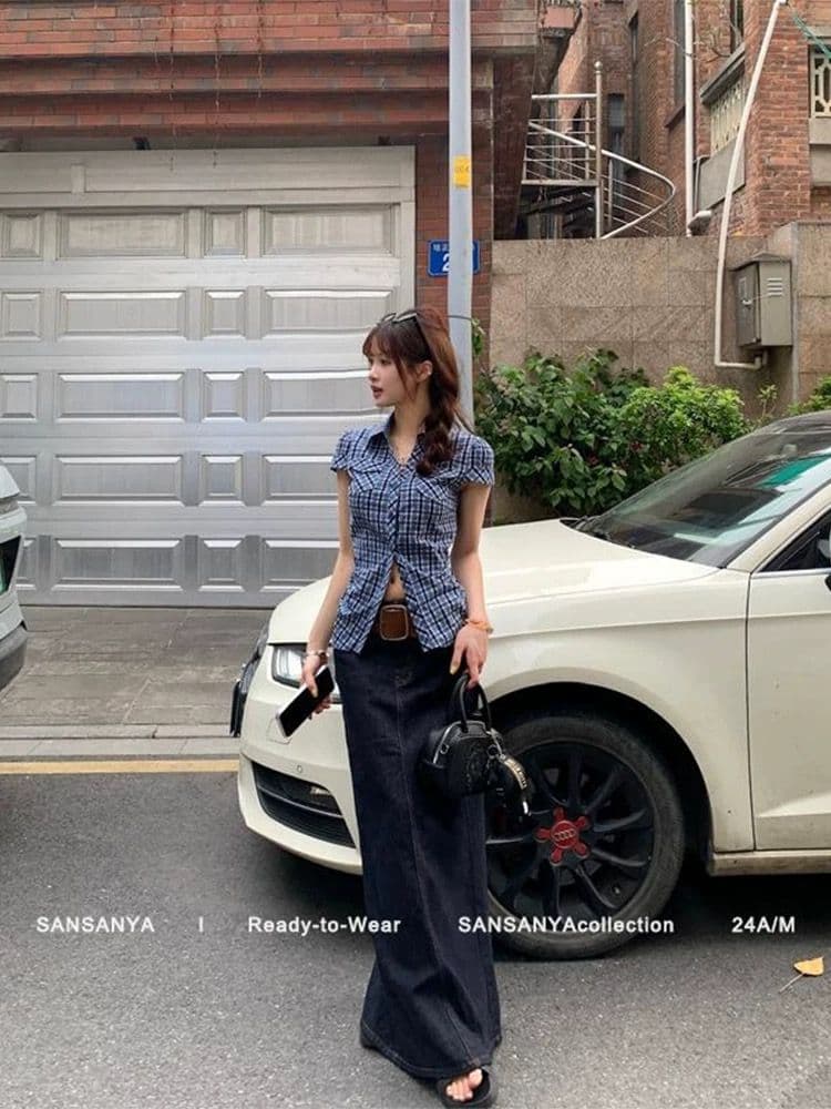 원본 체크무늬 원단 높은 품질 디자인 센스 블루 여름 레트로 주름 허리 수축 셔츠 작은 대중 꼬집기 허리 위로 의류 상세 이미지 4