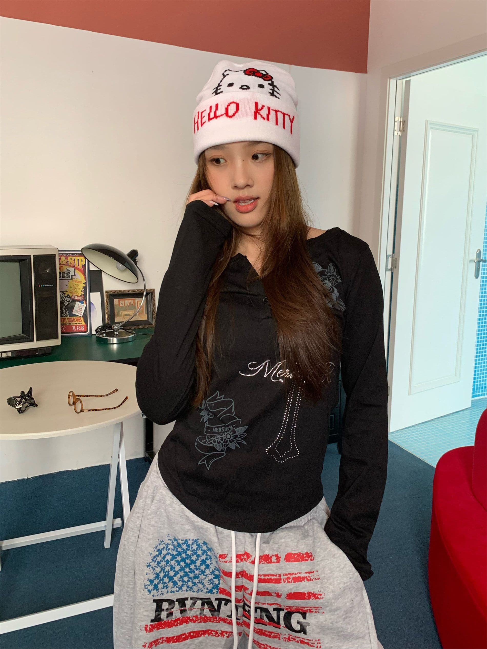 아메리칸 핫걸 알파벳 핫픽스 꽃무늬 프린트 긴팔 티셔츠 여성 가을 몸매 가꾸기 디스플레이 Chic 기본 셔츠 맨위 트렌디 상세 이미지 4