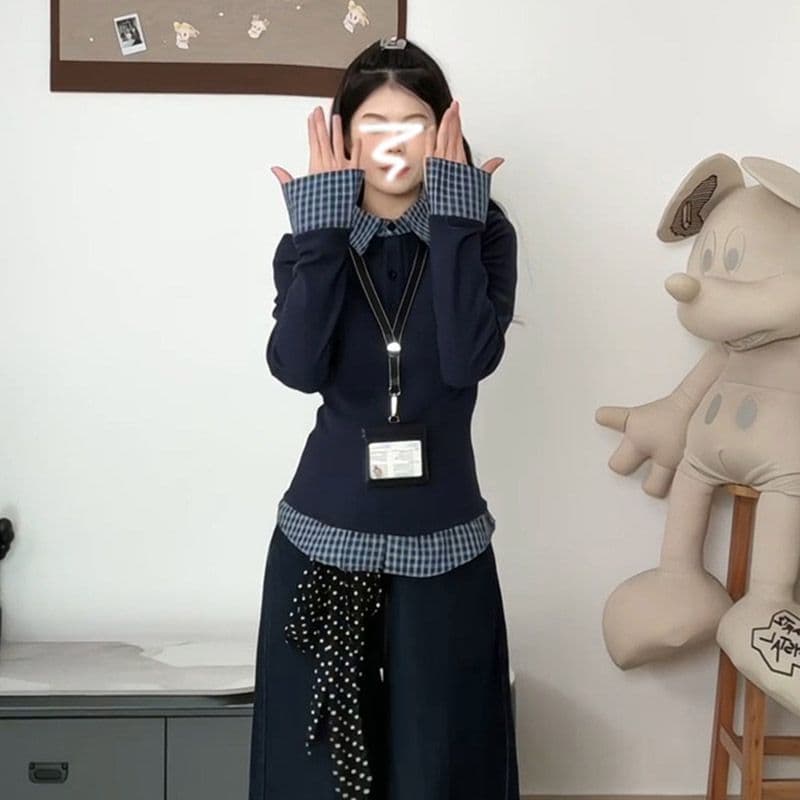POLO 칼라 페이크 레이어드 인사이드 가져 가라. 기본 셔츠 여성 봄 여름 디자인 센스 몸매 가꾸기 긴팔 티셔츠 맨위 이미지 2