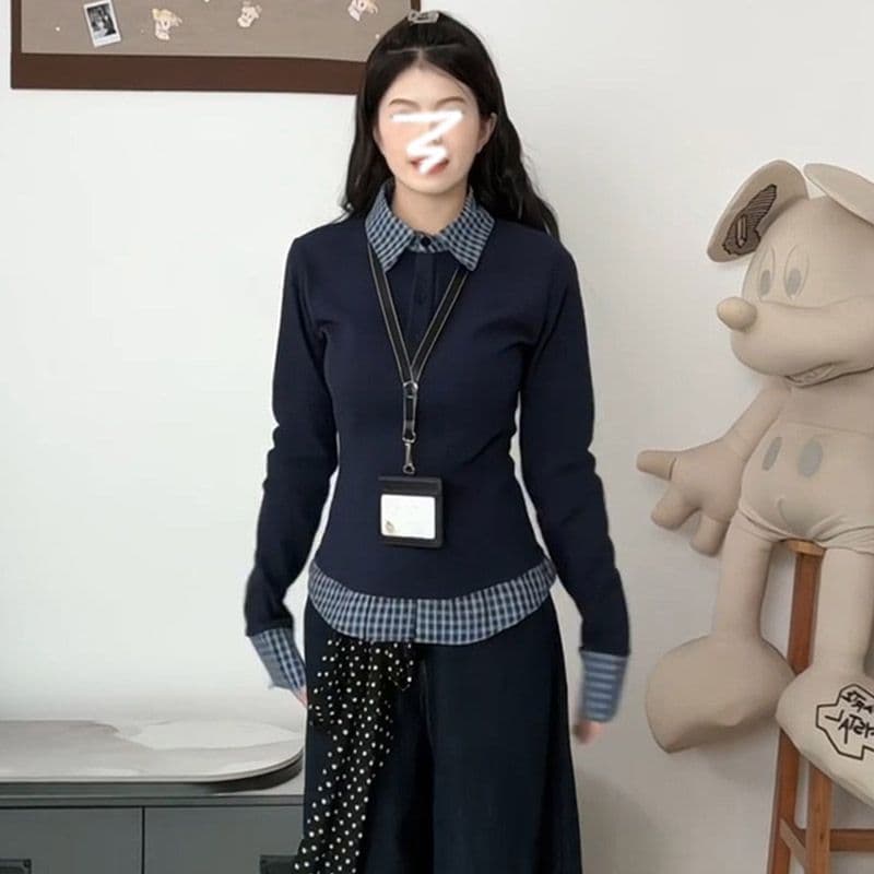 POLO 칼라 페이크 레이어드 인사이드 가져 가라. 기본 셔츠 여성 봄 여름 디자인 센스 몸매 가꾸기 긴팔 티셔츠 맨위 이미지 4