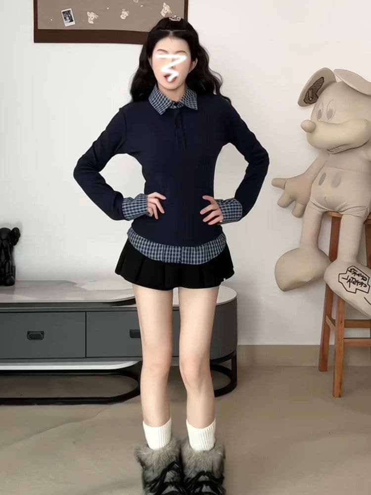POLO 칼라 페이크 레이어드 인사이드 가져 가라. 기본 셔츠 여성 봄 여름 디자인 센스 몸매 가꾸기 긴팔 티셔츠 맨위 상세 이미지 2