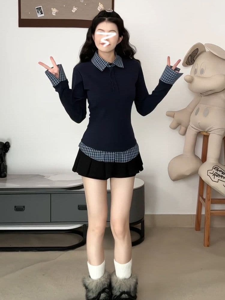 POLO 칼라 페이크 레이어드 인사이드 가져 가라. 기본 셔츠 여성 봄 여름 디자인 센스 몸매 가꾸기 긴팔 티셔츠 맨위 상세 이미지 3